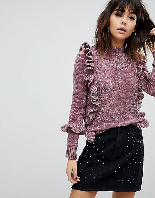 River Island Chenille Cable Knit Frill Jumper | ASOS