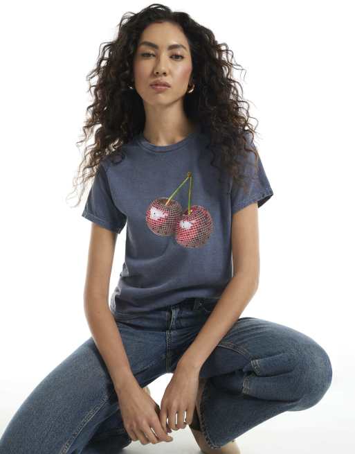 River Island Cherry embellished t-shirt in navy, 3 of 4