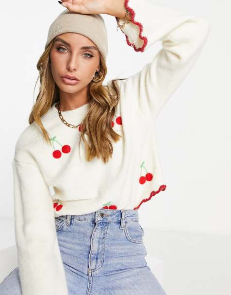 River Island cherry embroidered sweater in cream - view 1