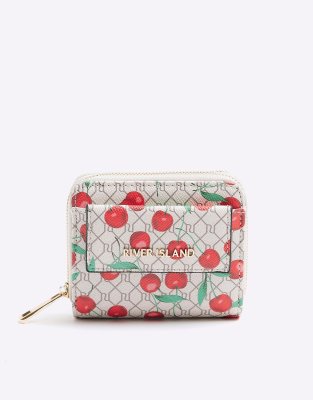 River Island Cherry flap front purse in beige light ASOS