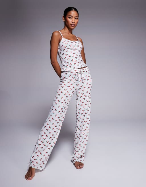 River Island cherry pointelle cami top and leggings pyjama set in cream