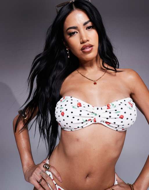 River Island cherry print crinkle bandeau bikini top in white, 2 of 4