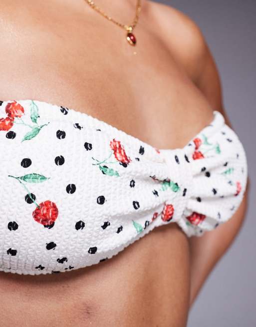 River Island cherry print crinkle bandeau bikini top in white, 3 of 4