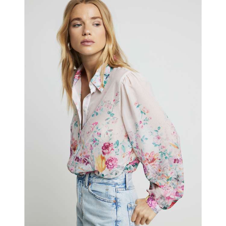 River Island Chiffon floral long sleeve shirt in pink