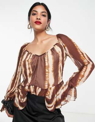 River Island Chiffon Peplum Top In Brown