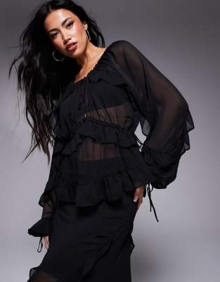 river island chiffon ruffle tie detail blouse in black