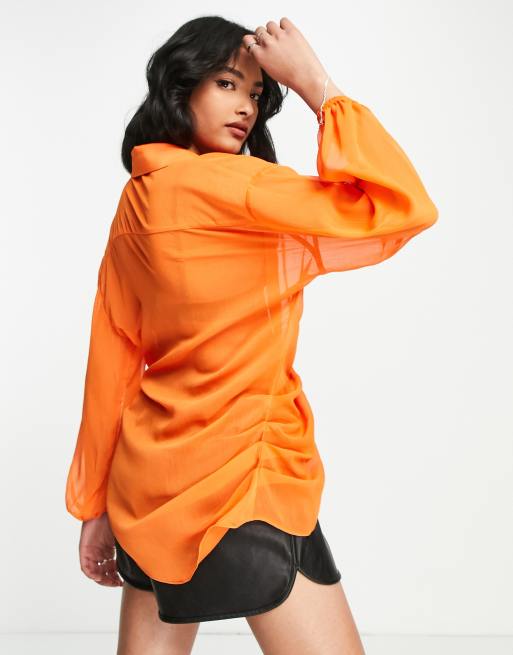 River Island chiffon tie front shirt in light orange ASOS