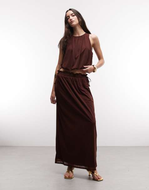 River Island chiffon tie waist maxi skirt in brown - view 1