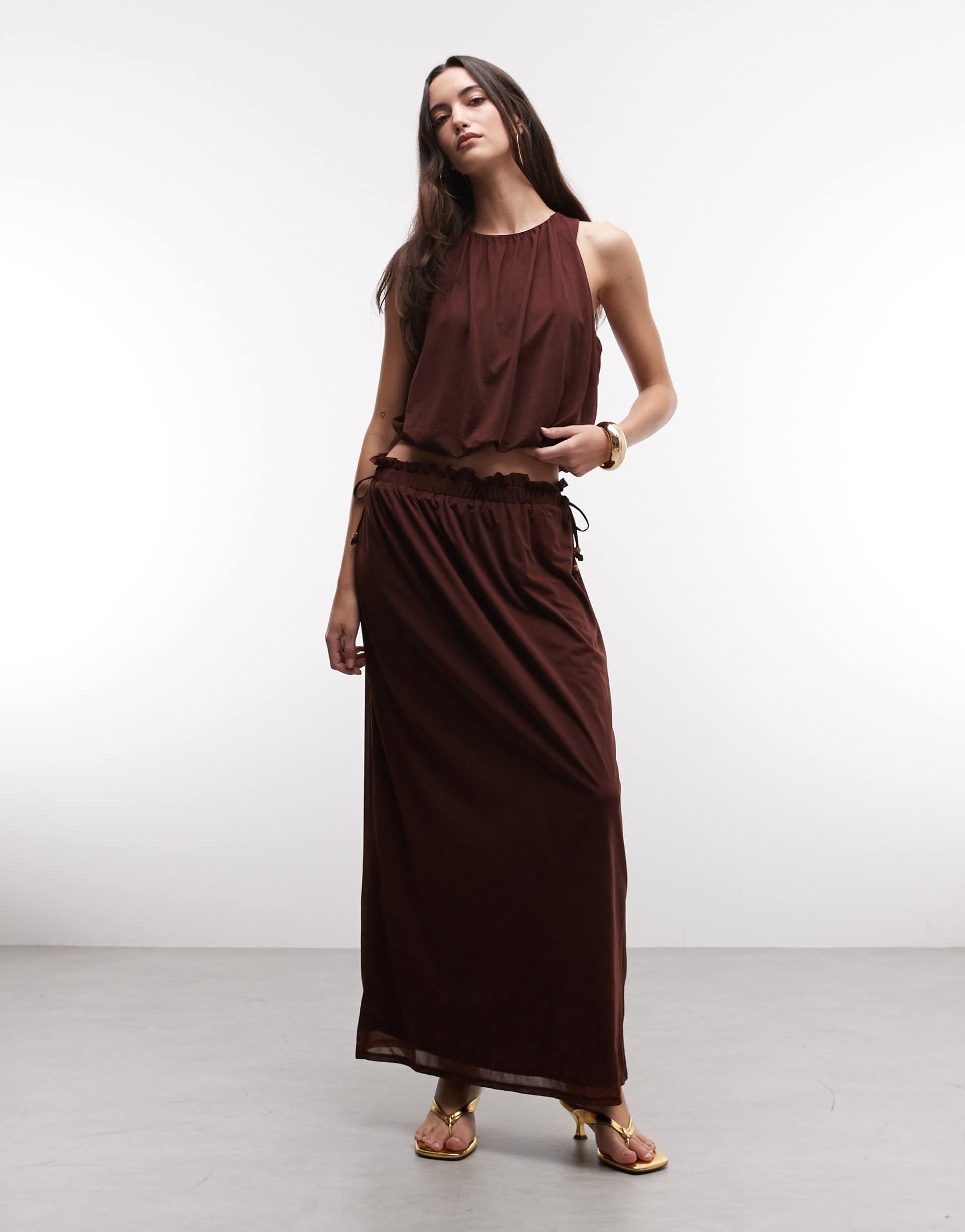 river island chiffon tie waist maxi skirt in brown