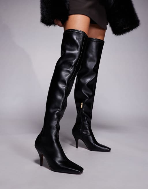 River Island chisel toe thigh high boot in black, 3 of 4