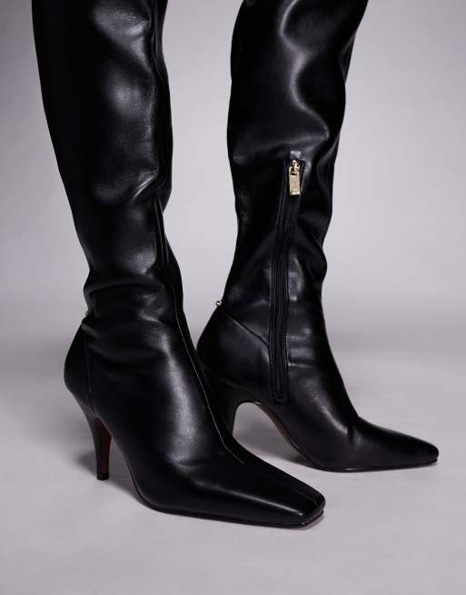 River Island chisel toe thigh high boots in black, 2 of 4