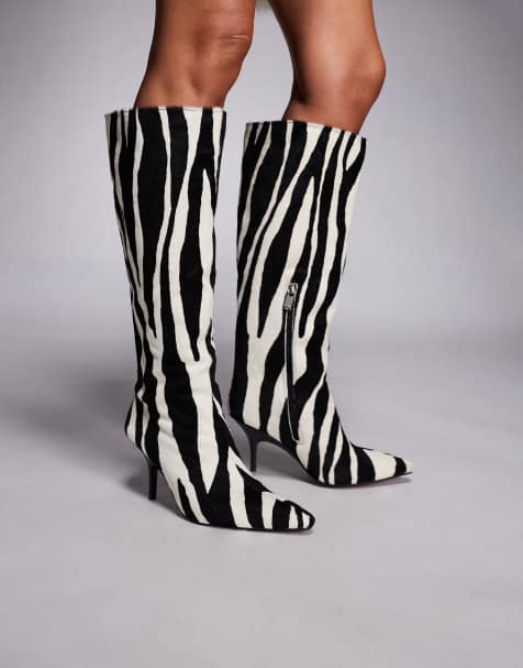 River Island chisel toe zebra print knee high boots in black - view 1