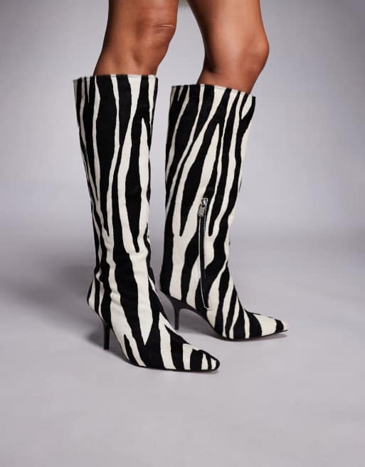 River Island chisel toe zebra print knee high boots in black