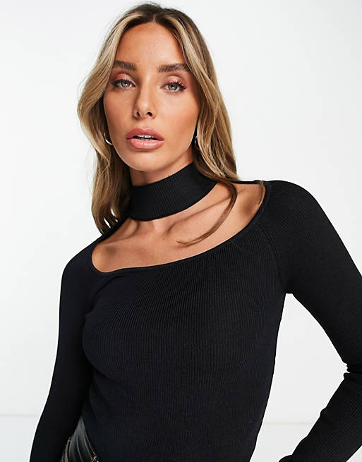 Jumpers & Cardigans River Island choker neck cut out top in black 
