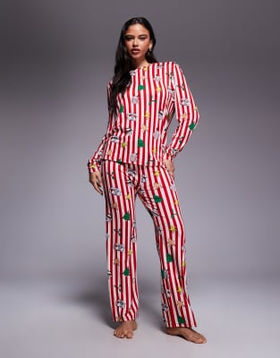 River Island Christmas Doodle Pattern Pajama Set In Red