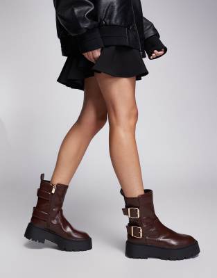 River Island Chunky Biker Boot In Red