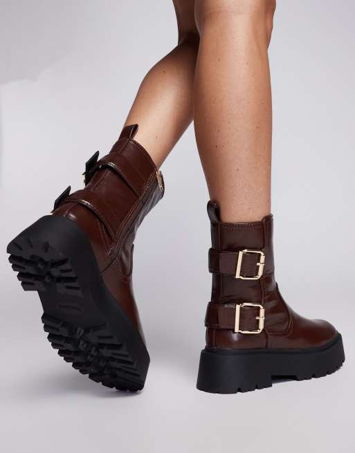 River Island chunky biker boot in burgundy ASOS