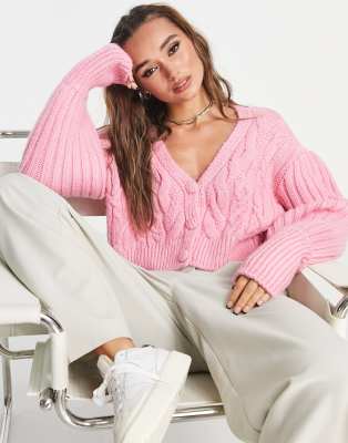 River Island chunky bubble crop cardigan in light pink | ASOS