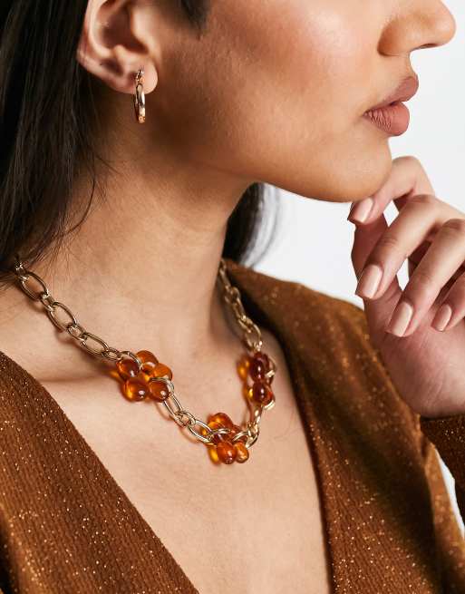 River Island chunky chain necklace with amber resin flower charms 