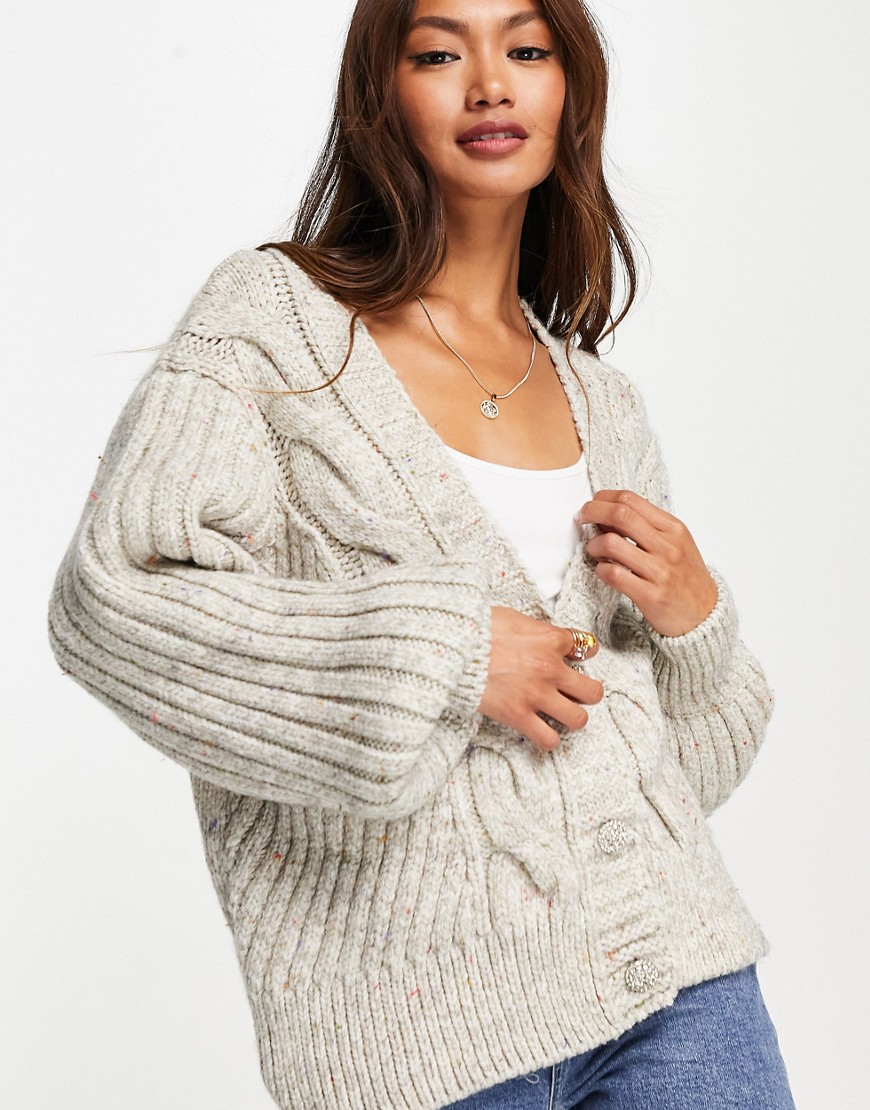 River Island chunky knitted boxy cardigan in beige-Neutral