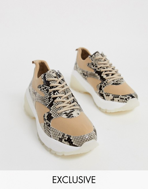 River Island chunky lace up trainers in snake