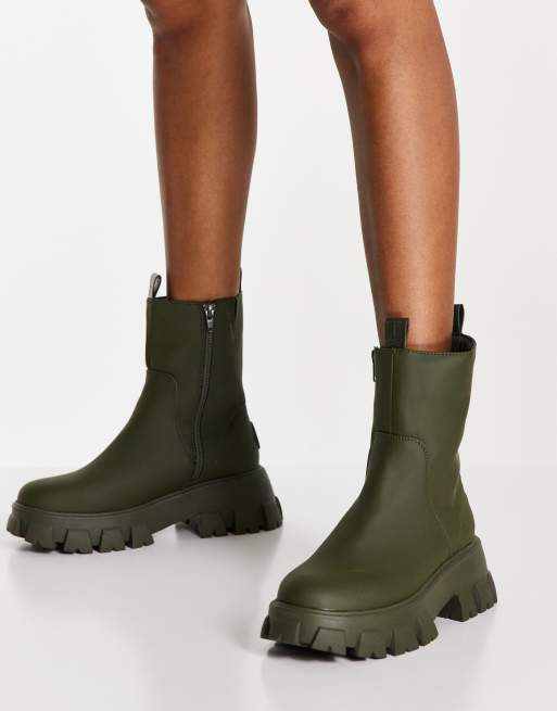 River Island chunky rubber boot with cleated sole in khaki | ASOS