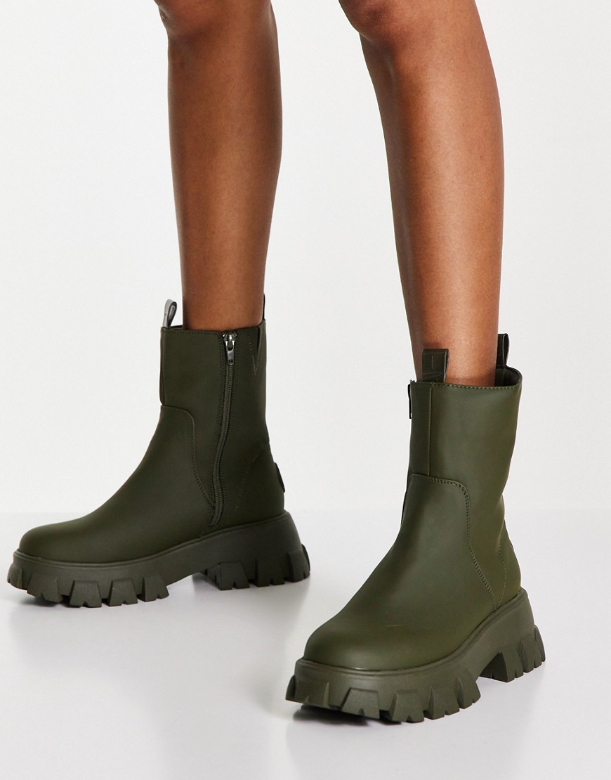 River Island chunky rubber boots with cleated sole in khaki-Green