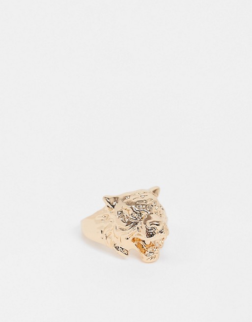 River Island chunky signet ring in gold with lion head design