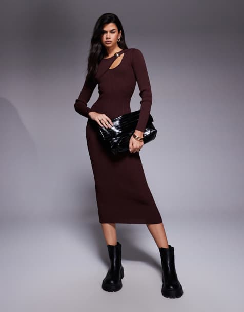 River Island – Ciemnobrązowa dzianinowa sukienka midi z wycięciem - view 1