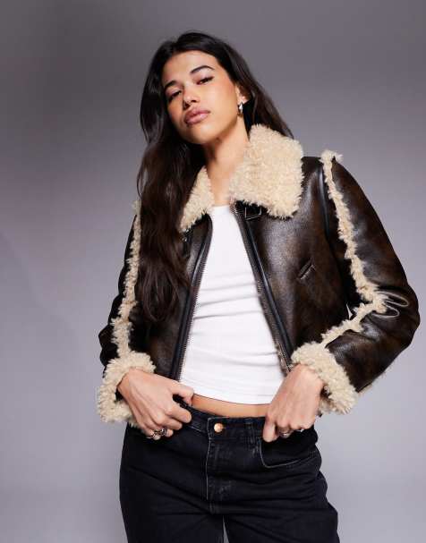 River Island faux shearling seam detail biker jacket in dark brown
