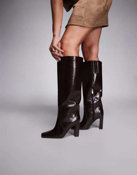 River Island – Ciemnobrązowe wysokie kozaki ze ściętymi noskami - view 1