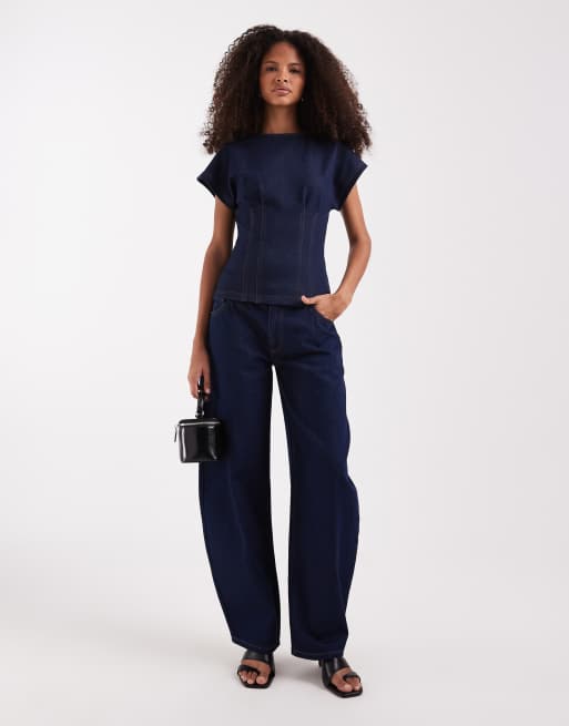 River Island – Ciemnoniebieski jeansowy top ze zwężoną talią, 2 z 4