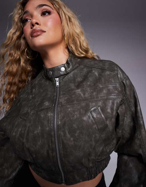 River Island – Ciemnoszara, krótka kurtka bomberka z imitacji skóry, 3 z 4