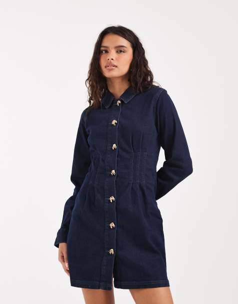 River Island cinch waist denim dress in dark denim - view 1