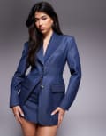 [River Island] River Island cinch waist premium denim blazer in indigo (part of a set)-Blue 16 DENIM