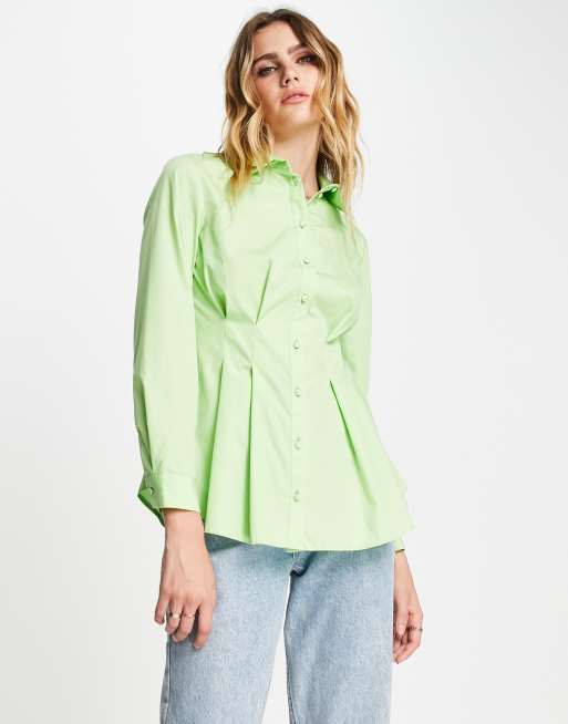 River Island cinched waist poplin shirt in green | ASOS