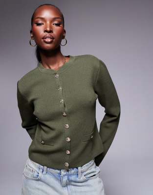 clean button cardigan in khaki-Green