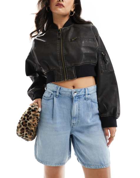 River Island clean mid length denim short in mid blue - view 1