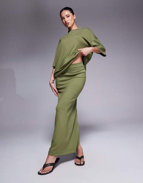 River Island clean neoprene maxi skirt in khaki