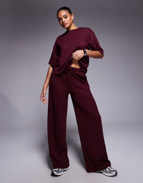 River Island clean wide leg trackies in burgundy - view 1