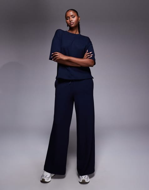 River Island clean wide leg trackies in navy - view 1