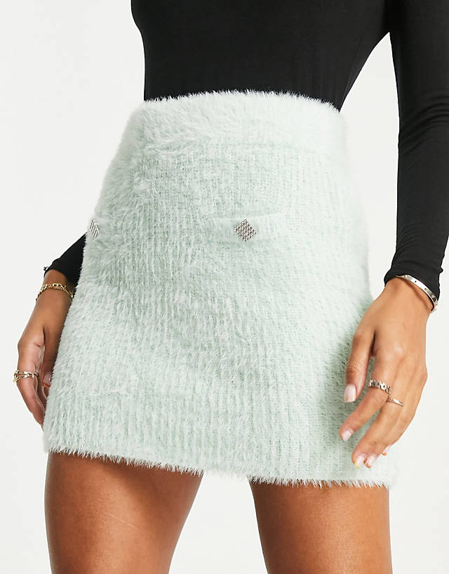 River Island - co-ord fluffy mini skirt in light green
