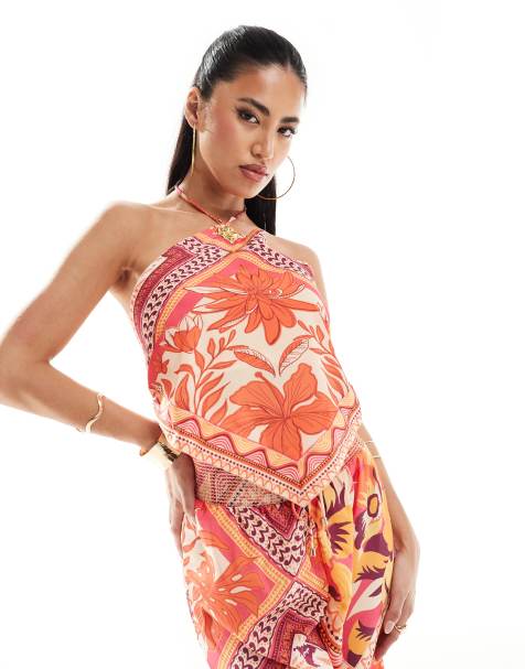 River Island co-ord halterneck top in orange scarf print - view 1