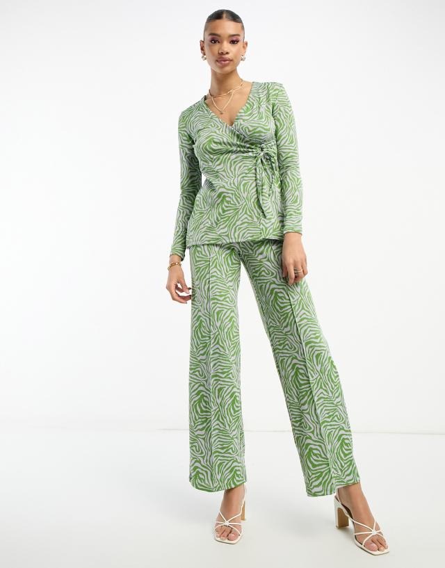 River Island - co-ord high waist zebra print wide leg trouser in green