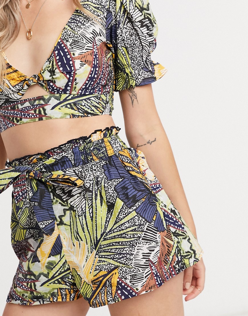 River Island CO-ORD palm print shirred waist shorts in navy-Blue