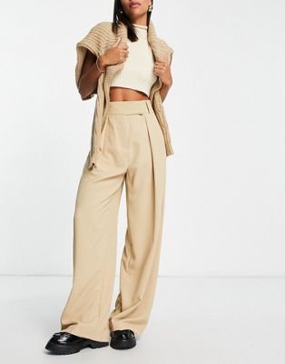 River Island co-ord pleated detail wide leg trouser in beige - ASOS Price Checker