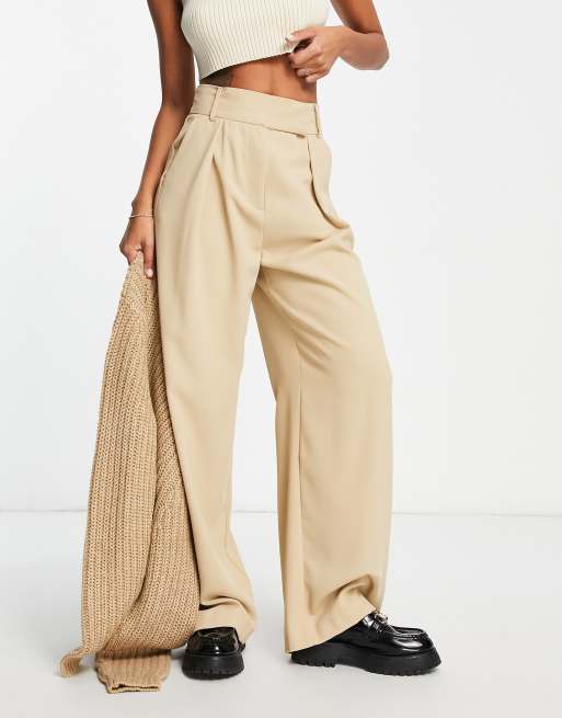 River Island co-ord pleated detail wide leg trouser in beige