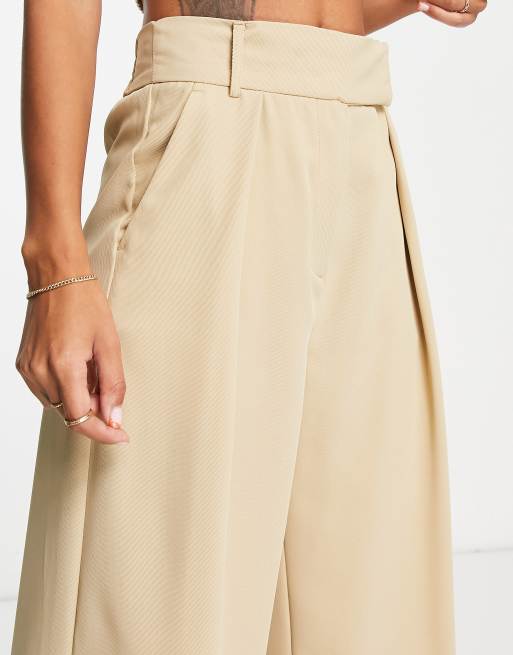 Beige wide leg pleated trousers