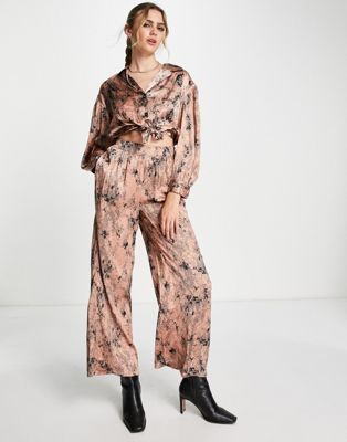 River Island co-ord printed wide leg trouser in pink satin