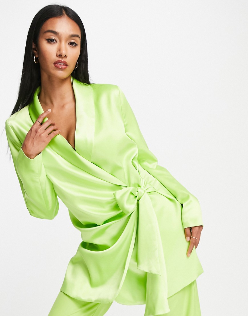 River Island co-ord satin belted blazer dress in green-Yellow